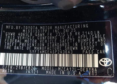 2025 Toyota Corolla Xse from USA, damaged, VIN 5YFT4MCE4SP243643